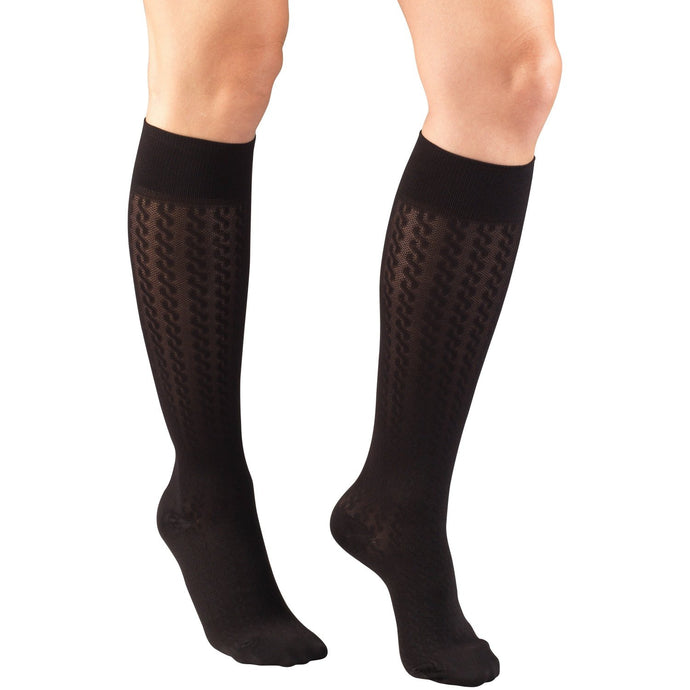 Front Angle of Black Cable Pattern Compression Socks for Women