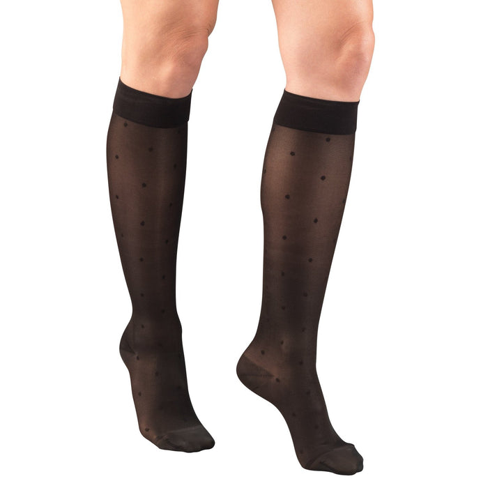 Front Angle of Ladies' Sheer Knee High Closed Toe Dot Pattern Stockings in Black